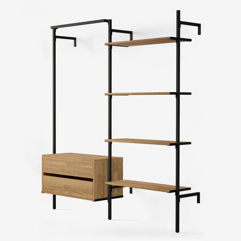 Walk-in solution with hanging space, a dresser and 4 shelves. The wood is classic oak veneer and the frame is black powder coated.